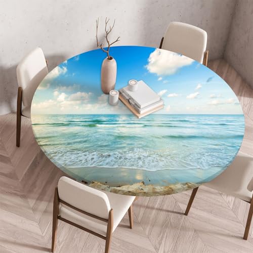 Treer Tischdecke Outdoor Rund, 3D Strand mit Meerblick Lotuseffekt Tischdecke Abwaschbar Elastisch Rund Gartentischdecke, für Garten, Küche, Esstisch, Parteien Tischdecken (120CM,Ozean 7) von Treer
