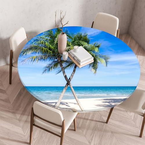 Treer Tischdecke Outdoor Rund, 3D Strand mit Meerblick Lotuseffekt Tischdecke Abwaschbar Elastisch Rund Gartentischdecke, für Garten, Küche, Esstisch, Parteien Tischdecken (70CM,Ozean 10) von Treer