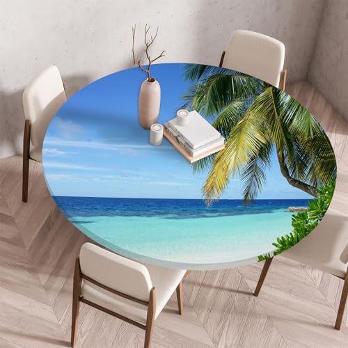 Treer Tischdecke Outdoor Rund, 3D Strand mit Meerblick Lotuseffekt Tischdecke Abwaschbar Elastisch Rund Gartentischdecke, für Garten, Küche, Esstisch, Parteien Tischdecken (70CM,Ozean 12) von Treer