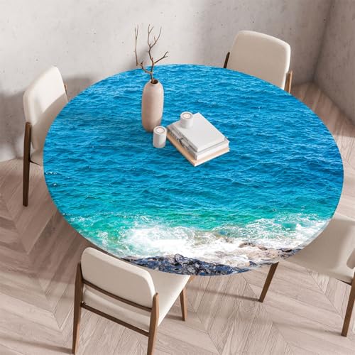 Treer Tischdecke Outdoor Rund, 3D Strand mit Meerblick Lotuseffekt Tischdecke Abwaschbar Elastisch Rund Gartentischdecke, für Garten, Küche, Esstisch, Parteien Tischdecken (70CM,Ozean 2) von Treer