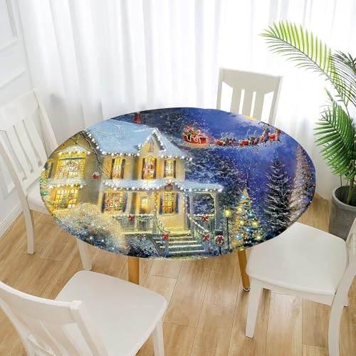 Treer Tischdecke Outdoor Rund, Winter Weihnachten Lotuseffekt Tischdecke Abwaschbar Elastisch Rund Gartentischdecke, für Garten, Küche, Esstisch, Parteien Tischdecken (130cm,Schloss) von Treer