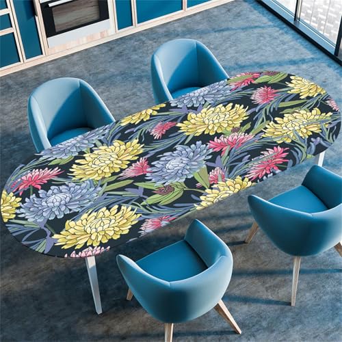 Treer Tischdecke Oval, Pflanzenblumendruck Lotuseffekt Tischdecken, Fleckschutz Gartentischdecke mit Elastischem Rand, Outdoor Küche Tischdecke Abwaschbar Picknick (Grüne Blätter,137x183cm) von Treer