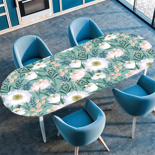 Treer Tischdecke Oval mit Elastischem Rand, Chrysanthemen-Druck Fleckschutz Ovale Tischdecke, Tischdecken Abwaschbar, Lotuseffekt Table Cloth für Küche, Esszimmer, Picknick, Party (Grün,122x183cm) von Treer