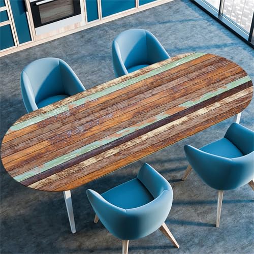 Treer Tischdecke Oval mit Elastischem Rand, Holzbrett Textur Fleckschutz Tischdecke, Tischdecke Abwaschbar Oval, Lotuseffekt Tischdecke für Küche, Esszimmer, Picknick (Braun,42"x72") von Treer