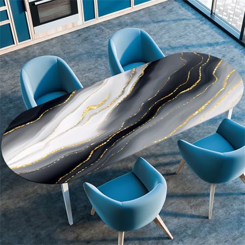 Treer Tischdecke Oval mit Elastischem Rand, Marmordruck Fleckschutz Tischdecke,Lotuseffekt Tischdecke,Freien Küche Tischdecken, Picknick Tischdecke Abwaschbar (107x183cm/42 x72,Grauverlauf) von Treer