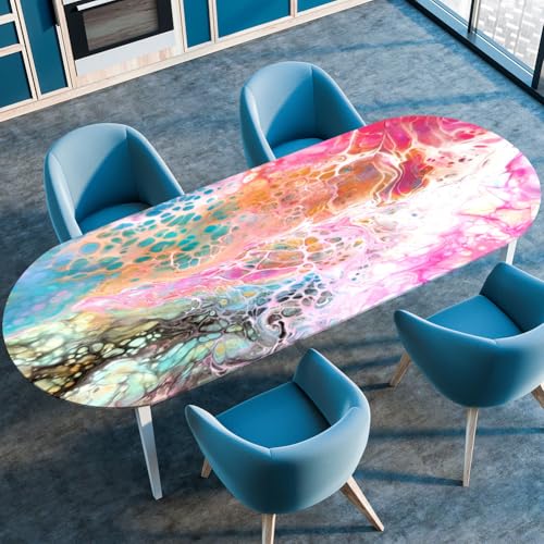 Treer Tischdecke Oval mit Elastischem Rand,Fleckschutz Ovale Tischdecke, Marmordruck Tischdecke Abwaschbar Oval,Lotuseffekt Tischdecke für Küche, Esszimmer,Picknick (107x152cm,Bunt) von Treer