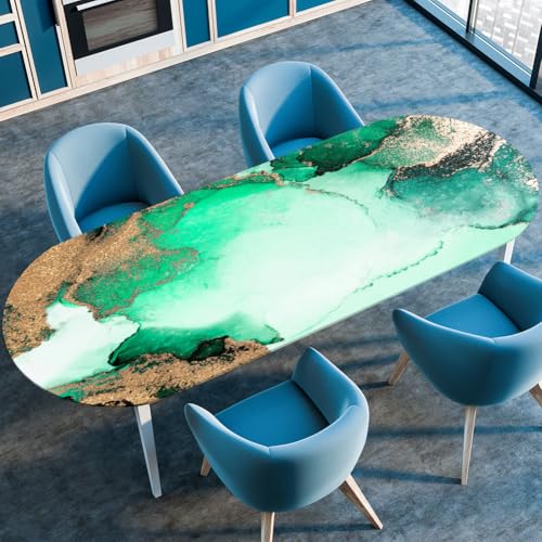 Treer Tischdecke Oval mit Elastischem Rand,Fleckschutz Ovale Tischdecke, Marmordruck Tischdecke Abwaschbar Oval,Lotuseffekt Tischdecke für Küche, Esszimmer,Picknick (122x173cm,Grün) von Treer
