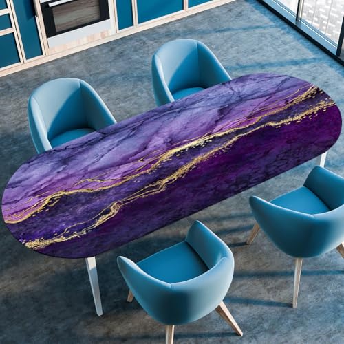 Treer Tischdecke Oval mit Elastischem Rand,Fleckschutz Ovale Tischdecke, Marmordruck Tischdecke Abwaschbar Oval,Lotuseffekt Tischdecke für Küche, Esszimmer,Picknick (132x229cm,Lila) von Treer