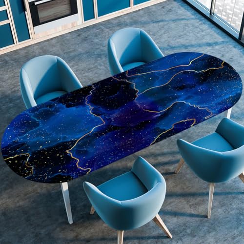 Treer Tischdecke Oval mit Elastischem Rand,Fleckschutz Ovale Tischdecke, Marmordruck Tischdecke Abwaschbar Oval,Lotuseffekt Tischdecke für Küche, Esszimmer,Picknick (91x152cm,Dunkelblau) von Treer