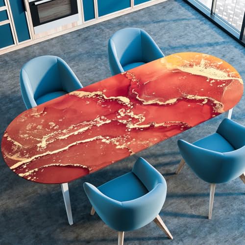 Treer Tischdecke Oval mit Elastischem Rand,Fleckschutz Ovale Tischdecke, Marmordruck Tischdecke Abwaschbar Oval,Lotuseffekt Tischdecke für Küche, Esszimmer,Picknick (91x152cm,Orange) von Treer