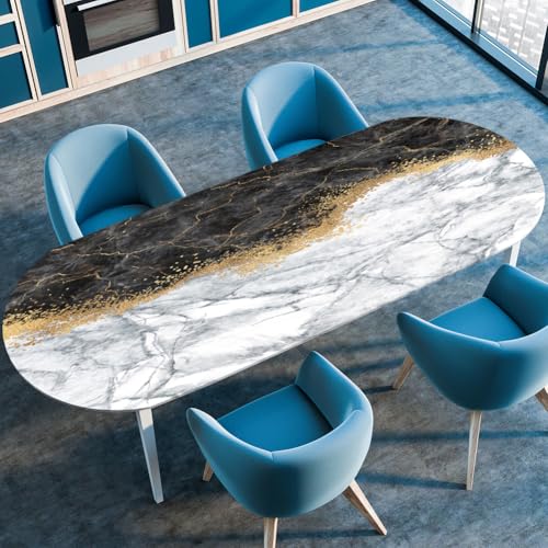 Treer Tischdecke Oval mit Elastischem Rand,Fleckschutz Ovale Tischdecke, Marmordruck Tischdecke Abwaschbar Oval,Lotuseffekt Tischdecke für Küche, Esszimmer,Picknick (91x152cm,Schwarz) von Treer