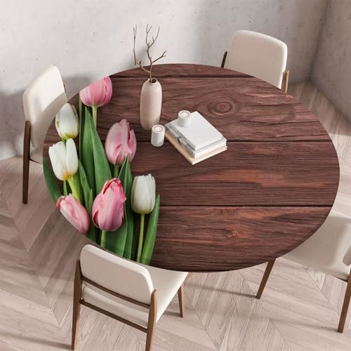 Treer Tulpen-Holzmaserungsdruck Tischdecke,Lotuseffekt Tischdecke Abwaschbar Elastisch Rund Gartentischdecke,für Küche,Esstisch,Parteien Wiederverwendbar Outdoor Tischdecken (Dunkelbraun,120cm) von Treer