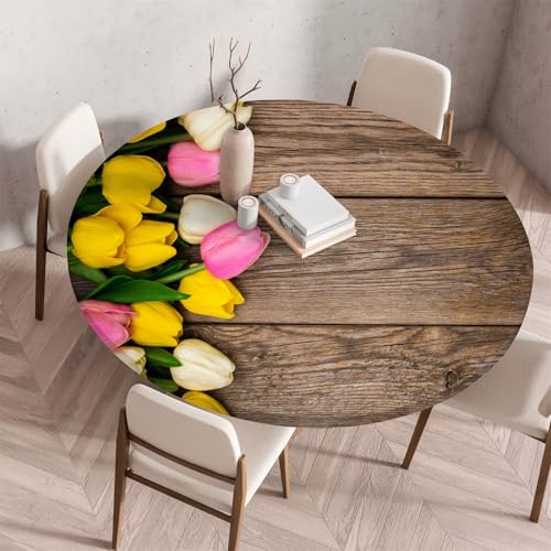 Treer Tulpen-Holzmaserungsdruck Tischdecke,Lotuseffekt Tischdecke Abwaschbar Elastisch Rund Gartentischdecke,für Küche,Esstisch,Parteien Wiederverwendbar Outdoor Tischdecken (Gelb,130cm) von Treer