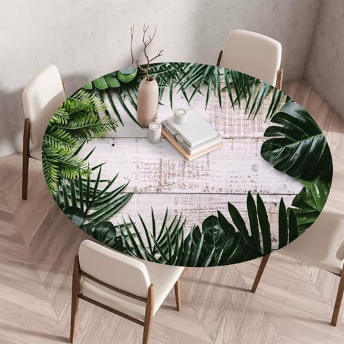 Treer Tulpen-Holzmaserungsdruck Tischdecke,Lotuseffekt Tischdecke Abwaschbar Elastisch Rund Gartentischdecke,für Küche,Esstisch,Parteien Wiederverwendbar Outdoor Tischdecken (Grüne Blätter,120cm) von Treer