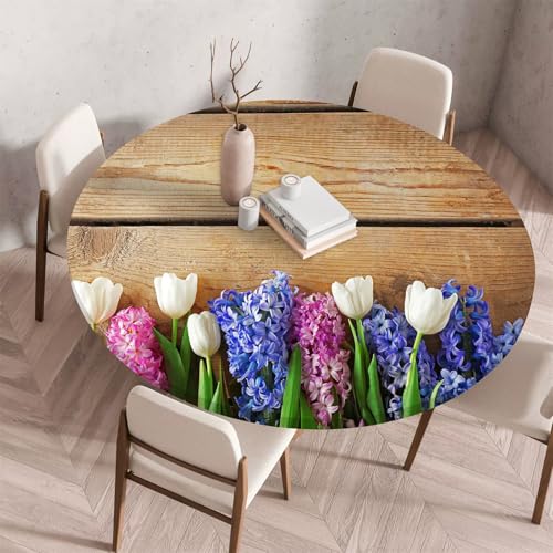 Treer Tulpen-Holzmaserungsdruck Tischdecke,Lotuseffekt Tischdecke Abwaschbar Elastisch Rund Gartentischdecke,für Küche,Esstisch,Parteien Wiederverwendbar Outdoor Tischdecken (Tulpengrün,100cm) von Treer