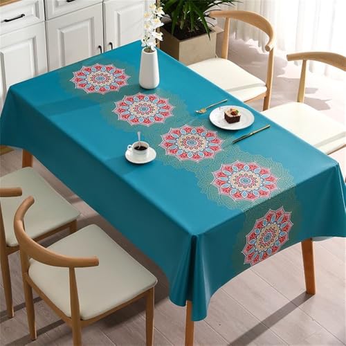 Treer Wachstuch Tischdecke Gartentischdecke, Outdoor PVC Wachstischdecke Abwaschbar Tischtuch Wasserabweisend Tischdecken Rechteckig für Party Esszimmer -Böhmen Mandala (Blau,140x180cm) von Treer