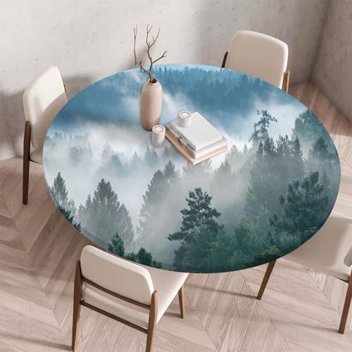 Treer Wunderschöner Landschafts Tischdecke Outdoor,Lotuseffekt Tischdecke Abwaschbar Elastisch Rund Gartentischdecke,für Küche,Esstisch,Parteien Wiederverwendbar Tischdecken (Blau,90cm) von Treer