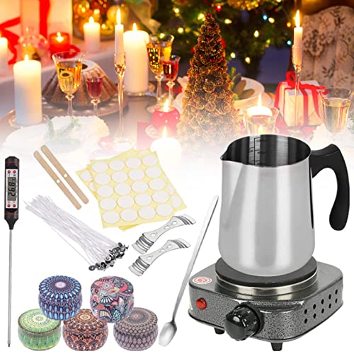 Treesunshine Kerzen Selber Machen Set, Kerzenherstellung Kit, Duftkerze Geschenke Set, Anfänger Candle Starter Set mit 1000ml Schmelztopf 500W Heizplatte&Digitales Thermometer für Weihnachten von Treesunshine