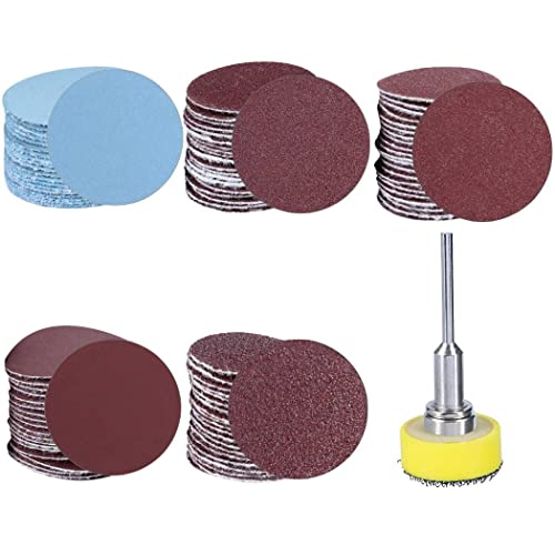 Treki 100 Stück 25mm Schleifscheiben Pad Kit mit Schleifteller 3mm Schaft Mini Schleifpapier Klett Set 100/180/240/1500/3000er Körnung, Schleifpads für Bohrmaschine zum Polieren Holz Metall Schmuck von Treki