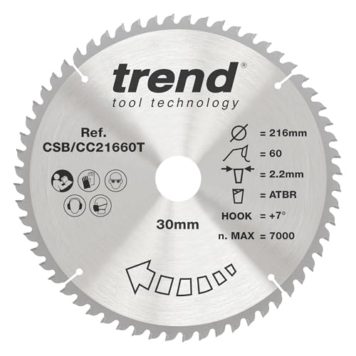 Trend Holz Akku-ATBR Kappsägeblatt, 216mm Durchmesser, 30mm Bohrung, 60 Zähne, HW, 2,16mm Schnittbreite, +7° Haken, CSB/CC21660T von TREND