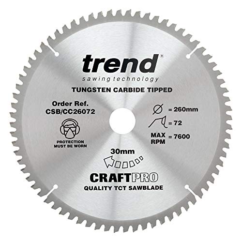 Trend CraftPro Negative Hook Crosscutting TCT Kreissägeblatt, 260mm Durchmesser x 72 Zähne x 30mm Bohrung, Hartmetallbestückt, CSB/CC26072 von TREND