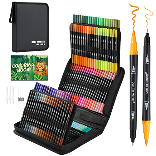 TrendGate Dual Brush Pen Set, 132 Farben Fineliner und Pinselstifte Set, Doppel Filzstifte Dicke und Dünne mit Malbücher für Handlettering, Bullet Journal, Mandalas Stifte für Kinder und Erwachsene von TrendGate