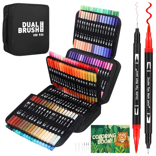TrendGate Dual Brush Pen Set, 180 Farben Fineliner und Pinselstifte Set, Doppel Filzstifte Dicke und Dünne mit Malbücher für Handlettering, Bullet Journal, Mandalas Stifte für Kinder und Erwachsene von TrendGate