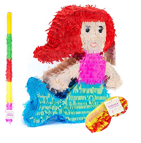 Trendario Meerjungfrau Pinata Set, Pinjatta + Stab + Augenmaske, Ideal zum Befüllen mit Süßigkeiten und Geschenken - Piñata für Kindergeburtstag Spiel, Geschenkidee, Party, Hochzeit von Trendario