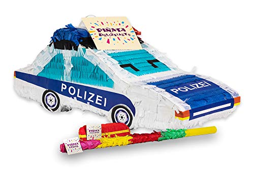 Trendario Pinata Polizei Auto Set, Pinjatta + Stab + Augenmaske, Ideal zum Befüllen mit Süßigkeiten und Geschenken - Piñata für Kindergeburtstag Spiel, Geschenkidee, Party, Hochzeit von Trendario