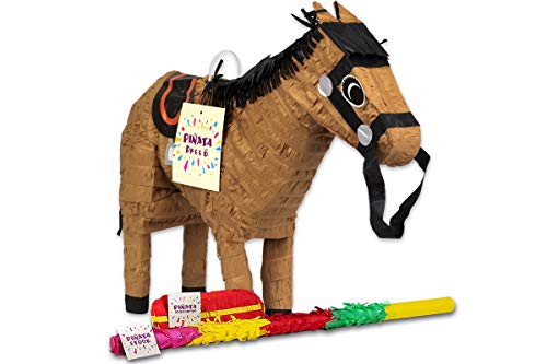 Trendario Pinata Set Pferd, Pinjatta + Stab + Augenmaske, Ideal zum Befüllen mit Süßigkeiten und Geschenken - Piñata braunes Pferd für Kindergeburtstag Spiel, Geschenkidee, Party, Hochzeit von Trendario