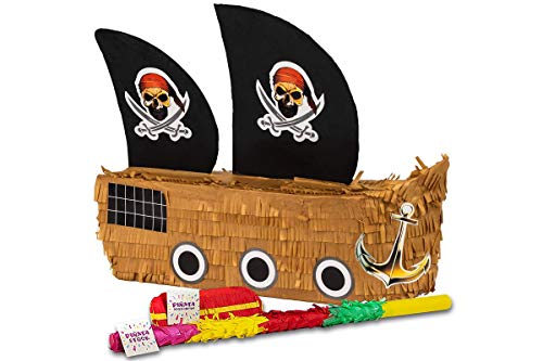 Trendario Pinata Set Piratenschiff, Pinjatta + Stab + Augenmaske, Ideal zum Befüllen mit Süßigkeiten und Geschenken - Piñata Piraten Schiff für Kindergeburtstag Spiel, Geschenkidee, Party, Hochzeit von Trendario