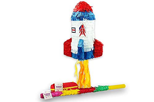 Trendario Pinata Set Rakete, Pinjatta + Stab + Augenmaske, Ideal zum Befüllen mit Süßigkeiten und Geschenken - Piñata für Kindergeburtstag Spiel, Geschenkidee, Party, Hochzeit von Trendario