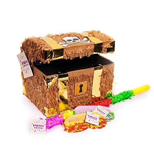 Trendario Pinata Set Schatztruhe, Pinjatta + Stab + Augenmaske, Ideal zum Befüllen mit Süßigkeiten und Geschenken - Piñata Schatzkiste für Piraten Kindergeburtstag Spiel, Geschenkidee, Party, Hochzeit von Trendario