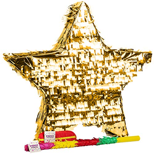 Trendario Pinata Stern Set, Pinjatta + Stab + Augenmaske, Ideal zum Befüllen mit Süßigkeiten und Geschenken - Piñata für Kindergeburtstag Spiel, Geschenkidee, Party, Hochzeit (Gold) von Trendario