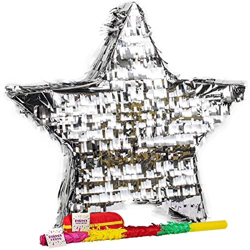 Trendario Pinata Stern Set, Pinjatta + Stab + Augenmaske, Ideal zum Befüllen mit Süßigkeiten und Geschenken - Piñata für Kindergeburtstag Spiel, Geschenkidee, Party, Hochzeit (Silber) von Trendario