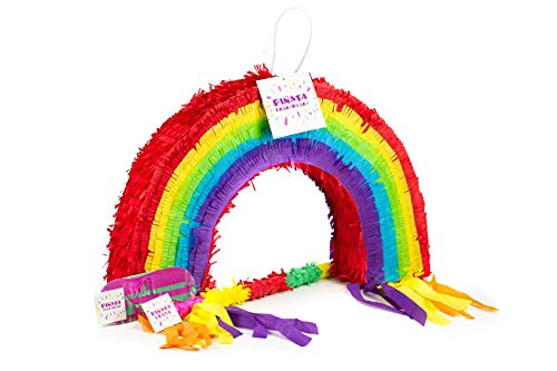 Trendario Regenbogen Pinata Set, Pinjatta + Stab + Augenmaske, Ideal zum Befüllen mit Süßigkeiten und Geschenken - Piñata Regenbogen für Kindergeburtstag Spiel, Geschenkidee, Party, Hochzeit von Trendario