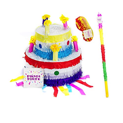 Trendario Torten Pinata Set, Pinjatta + Stab + Augenmaske, Ideal zum Befüllen mit Süßigkeiten und Geschenken - Piñata für Kindergeburtstag Spiel, Geschenkidee, Party, Geburtstag von Trendario