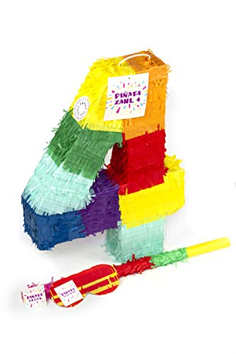 Trendario Zahl 4 Pinata Set, Pinjatta + Stab + Augenmaske, Ideal zum Befüllen mit Süßigkeiten und Geschenken - Piñata für Kindergeburtstag Spiel, Geschenkidee, Party, Hochzeit von Trendario