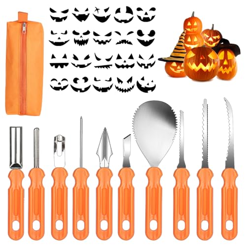 Trendecor 10 Stück Kürbis Schnitzset mit 20 Stück Vorlagen und Tragetasche, Schnitzwerkzeug Kürbis, Professionelle Edelstahlwerkzeuge für Erwachsene Kinder Pumpkin DIY Halloween Dekoration von Trendecor