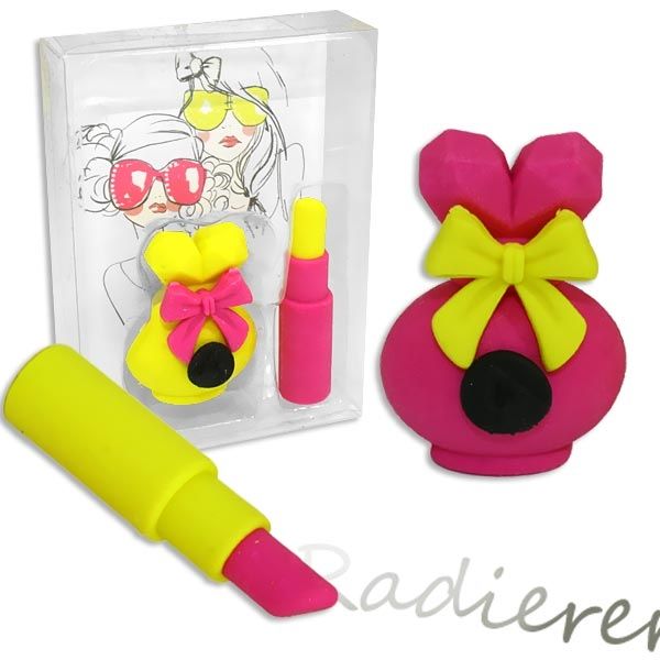 Radiergummi-Set Girlie im 2er Pack mit Lippenstift-Radierer für Mädchen von Trendhaus Handelsgesellschaft mbH