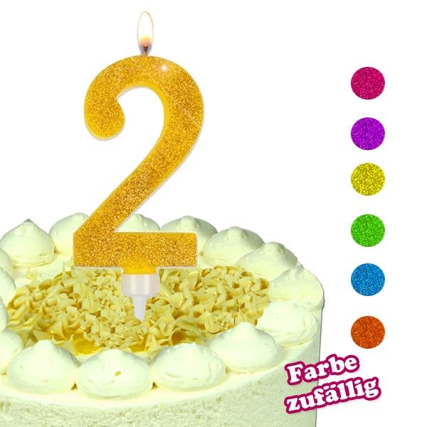 Zahlenkerze 2, große Glitzerkerze, Deko für Torte zum 2. Geburtstag