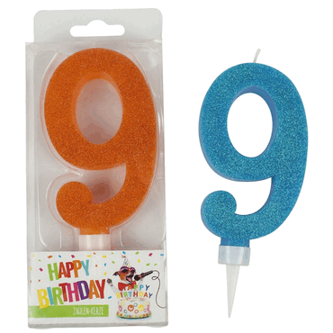 6 x Trendhaus Geburtstagskerze Glitter Zahl 9 - sortiert. von Trendhaus