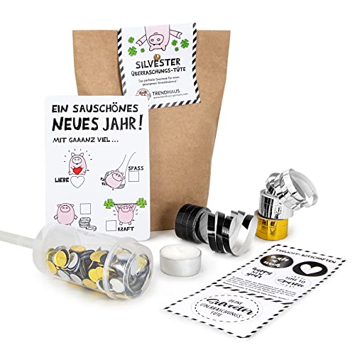 TRENDHAUS 956033 Wundertüte Silvester, Deko-Geschenktüte als Überraschung, Party-Geschenk und Mitbringsel für Neujahr, Konfetti-Kanone, Luftschlangen, Glücks-Teelicht von TRENDHAUS