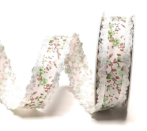 Schleifenband SPITZE 10m x 25mm weiß - grün Blumenspitze SPITZENBORTE Dekoband Borte [7235-183] von Trendline