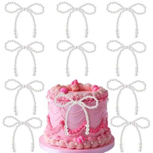 10 Stück Perlen Schleife Kuchen Toppers Perlen Schleifen Cupcake Toppers,Deko Torten für Geburtstagsparty, Hochzeit, Baby Shower, Party Dekoration von Tressora