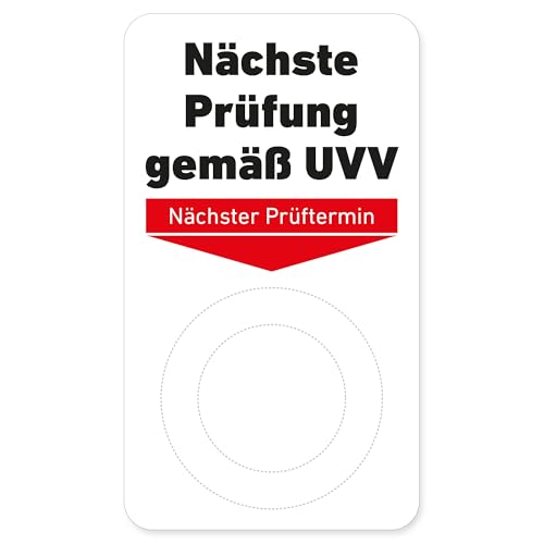 500x Grundplaketten ‚Nächste Prüfung gemäß UVV‘ 70x40 mm, selbstklebend, Vinyl – passend für 20mm & 30mm Prüfplaketten – inkl. 2 gratis Lochzangen (3mm Rundloch & Kerbzange) von Treuekarten