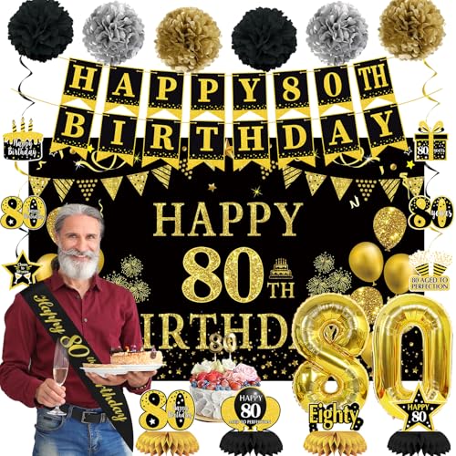 Trgowaul 80. Geburtstag Dekorationen für Männer Frauen, 22pcs Schwarz Gold Geburtstag Party Supplies Banner Hängende Wirbel Flagge 80. Geburtstag Schärpe & Pompons Geburtstag Luftballons 80 Jahre alt Trgowaul 80. Geburtstag Dekorationen für Männer Frauen, 22pcs Schwarz Gold Geburtstag Party Supplies Banner Hängende Wirbel Flagge 80. Geburtstag Schärpe & Pompons Geburtstag Luftballons 80 Jahre alt von Trgowaul