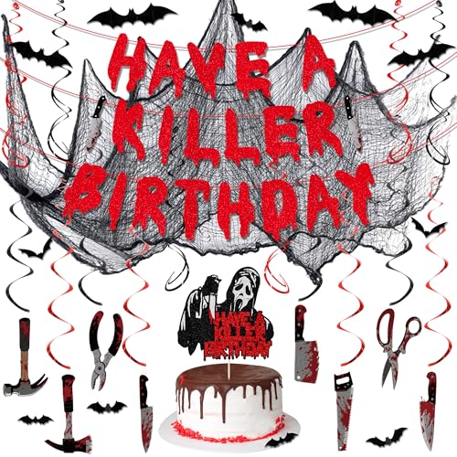 Trgowaul Halloween-Horror-Geburtstagsdekorationen, 31 Stück Halloween-Partyzubehör, hängende Wirbel, Killer-Kuchenaufsatz, Banner, schwarzes gruseliges Tuch und 3D-Fledermaus-Aufkleber für gruselige Trgowaul Halloween-Horror-Geburtstagsdekorationen, 31 Stück Halloween-Partyzubehör, hängende Wirbel, Killer-Kuchenaufsatz, Banner, schwarzes gruseliges Tuch und 3D-Fledermaus-Aufkleber für gruselige von Trgowaul