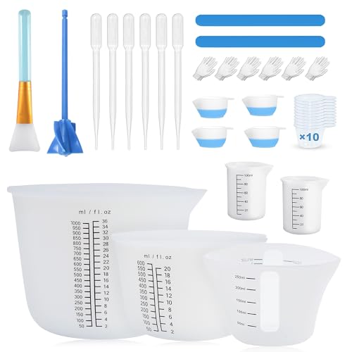 Silikon Messbecher Set für Epoxidharz, Epoxidharz Mischbecher 1000ml/600ml/250ml/100ml, Messbecher aus Silikon, Silikonbürste, Mischpaddel, Pipetten, DIY, Küche Labor Handwerk, leicht zu reinigen Silikon Messbecher Set für Epoxidharz, Epoxidharz Mischbecher 1000ml/600ml/250ml/100ml, Messbecher aus Silikon, Silikonbürste, Mischpaddel, Pipetten, DIY, Küche Labor Handwerk, leicht zu reinigen von Trhillsbrad