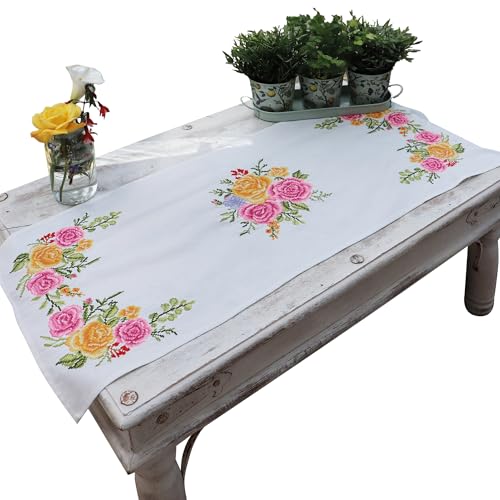 Trimits Bedrucktes Kreuzstich-Set, Tischläufer – inklusive bedrucktem Stoff, Fäden, Nadel und Anleitung (evtl. nicht in deutscher Sprache), 40 x 100 cm, Blumenstrauß von Trimits